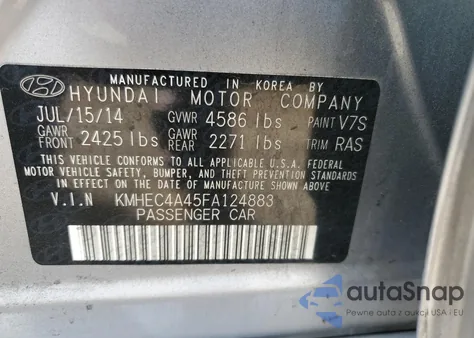 2015 Hyundai Sonata Hybrid z USA, uszkodzony, nr VIN KMHEC4A45FA124883